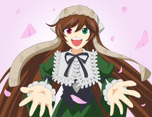 Rating: Safe Score: 0 Tags: 1girl :d brown_hair cherry_blossoms dress frills green_dress green_eyes head_scarf heterochromia image long_hair long_sleeves looking_at_viewer open_mouth petals red_eyes smile solo striped suiseiseki very_long_hair User: admin