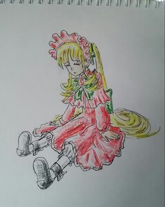 Rating: Safe Score: 0 Tags: 1girl blonde_hair bloomers bonnet bow bowtie closed_eyes dress full_body image long_hair long_sleeves photo red_dress shinku shoes simple_background sitting solo traditional_media twintails very_long_hair User: admin