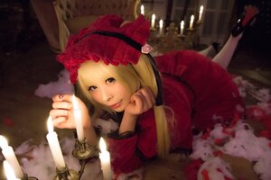 Rating: Safe Score: 0 Tags: 1girl blonde_hair bonnet dress flower lips lolita_fashion long_hair long_sleeves looking_at_viewer lying on_stomach pipe red_dress rose shinku solo User: admin