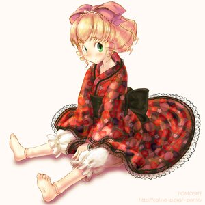 Rating: Safe Score: 0 Tags: 1girl barefoot blonde_hair bloomers bow feet food fruit green_eyes hair_bow hina_ichigo hinaichigo image japanese_clothes long_sleeves pink_bow pomo_rosso rozen_maiden short_hair sitting solo strawberry_print underwear white_bloomers User: admin