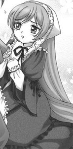 Rating: Safe Score: 0 Tags: 1girl blush dress frills greyscale image long_hair long_sleeves monochrome ribbon solo suiseiseki very_long_hair User: admin