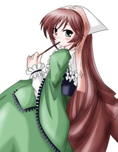 Rating: Safe Score: 0 Tags: 1girl blush brown_hair dress food frills green_dress green_eyes head_scarf heterochromia image long_hair long_sleeves looking_at_viewer looking_back red_eyes simple_background solo suiseiseki very_long_hair white_background User: admin