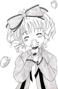 Rating: Safe Score: 0 Tags: 1girl blush bow closed_eyes drill_hair fang food food_on_face greyscale hinaichigo image long_sleeves monochrome ribbon solo User: admin