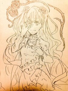 Rating: Safe Score: 0 Tags: 1girl closed_mouth flower hair_flower hair_ornament image kirakishou long_hair long_sleeves looking_at_viewer monochrome skirt smile solo very_long_hair User: admin