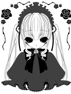 Rating: Safe Score: 0 Tags: 1girl blush dress flower greyscale long_hair looking_at_viewer monochrome rose shinku simple_background solo twintails very_long_hair white_background User: admin