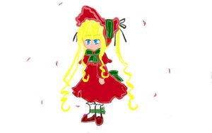 Rating: Safe Score: 0 Tags: 1girl blonde_hair blue_eyes blush bonnet bow bowtie dress full_body image long_hair long_sleeves petals red_dress shinku shoes solo twintails User: admin