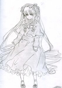 Rating: Safe Score: 0 Tags: 1girl blush capelet dress eyebrows_visible_through_hair frills full_body hairband image lolita_fashion long_hair long_sleeves looking_at_viewer monochrome shinku smile solo traditional_media very_long_hair User: admin