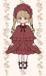 Rating: Safe Score: 0 Tags: 1girl blonde_hair blue_eyes blush bonnet bow capelet dress flower full_body image long_hair long_sleeves looking_at_viewer pantyhose red_dress rose shinku shoes solo standing striped white_legwear User: admin