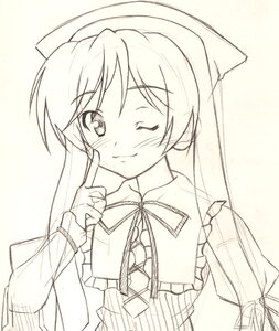 Rating: Safe Score: 0 Tags: 1girl ;) blush dress eyebrows_visible_through_hair frills hat head_scarf image index_finger_raised long_hair long_sleeves monochrome one_eye_closed ribbon simple_background smile solo suiseiseki twintails upper_body User: admin