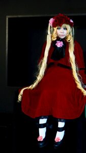 Rating: Safe Score: 0 Tags: 1girl blonde_hair blue_eyes dress flower long_hair long_sleeves red_dress rose shinku sitting solo twintails very_long_hair User: admin