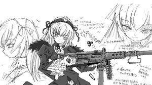 Rating: Safe Score: 0 Tags: 1girl dress greyscale gun hair_ribbon holding holding_weapon image long_sleeves monochrome ribbon rifle solo suigintou upper_body weapon white_background User: admin