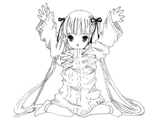 Rating: Safe Score: 0 Tags: 1girl animal bird blush full_body greyscale hair_ribbon image long_hair looking_at_viewer monochrome ribbed_sweater ribbon shinku sitting solo striped sweater twintails very_long_hair wariza white_background User: admin