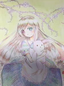 Rating: Safe Score: 0 Tags: 1girl apron bunny_ears colored_pencil_(medium) dress flower heterochromia image long_hair multicolored puffy_sleeves red_eyes rose short_sleeves solo stuffed_animal stuffed_bunny suiseiseki traditional_media very_long_hair watercolor_(medium) User: admin