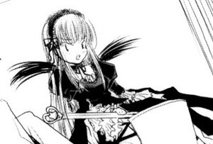 Rating: Safe Score: 0 Tags: 1girl dress frills greyscale image long_hair long_sleeves monochrome simple_background solo suigintou white_background wings User: admin