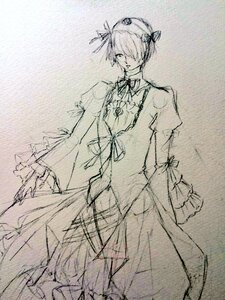 Rating: Safe Score: 0 Tags: 1girl dress frilled_sleeves frills hair_ornament hair_over_one_eye image long_sleeves monochrome ribbon short_hair sketch solo standing suigintou User: admin