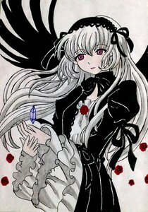 Rating: Safe Score: 0 Tags: 1girl dress flower frills gothic_lolita hairband image lolita_fashion long_hair long_sleeves looking_at_viewer petals red_flower red_rose ribbon rose rose_petals solo spot_color suigintou traditional_media very_long_hair wings User: admin