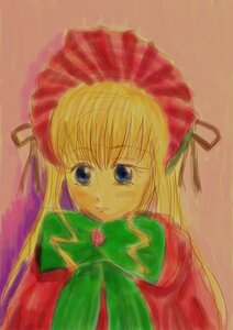 Rating: Safe Score: 0 Tags: 1girl bangs blonde_hair blue_eyes bow hat image long_hair long_sleeves looking_at_viewer shinku simple_background solo upper_body User: admin