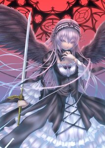 Rating: Safe Score: 0 Tags: 1girl black_wings commentary_request doll_joints dress flower frilled_sleeves frills gothic gothic_lolita hairband holding image joints lolita_fashion lolita_hairband long_hair long_sleeves looking_at_viewer pink_eyes purple_eyes purple_hair ribbon rozen_maiden sabamu silver_hair solo suigintou sword very_long_hair weapon wings User: admin