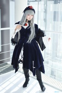 Rating: Safe Score: 0 Tags: 1boy 1girl bangs black_footwear boots dress flower full_body long_hair long_sleeves looking_at_viewer solo standing suigintou User: admin