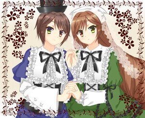 Rating: Safe Score: 0 Tags: 2girls brown_hair dress frills green_dress green_eyes hat head_scarf heterochromia holding_hands image interlocked_fingers long_hair long_sleeves multiple_girls pair red_eyes ribbon short_hair siblings sisters souseiseki suiseiseki twins User: admin