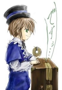 Rating: Safe Score: 0 Tags: 1girl blue_dress blue_headwear brown_hair capelet dress green_eyes hat holding image long_sleeves profile short_hair simple_background smile solo souseiseki top_hat white_background User: admin