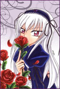 Rating: Safe Score: 0 Tags: 1girl dress flower frills hairband holding holding_flower image juliet_sleeves long_hair long_sleeves looking_at_viewer petals puffy_sleeves purple_rose red_eyes red_flower red_rose rose rose_petals solo suigintou thorns traditional_media white_hair User: admin