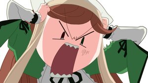 Rating: Safe Score: 0 Tags: 1girl angry brown_hair dress fangs green_dress hat long_hair long_sleeves open_mouth ribbon sharp_teeth simple_background solo suiseiseki teeth User: admin