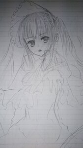 Rating: Safe Score: 0 Tags: 1girl dress image long_hair long_sleeves looking_at_viewer monochrome open_mouth rain shinku sketch solo traditional_media twintails User: admin