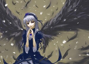 Rating: Safe Score: 0 Tags: 1girl black_wings dress feathered_wings feathers flower frills hairband image long_hair long_sleeves looking_at_viewer petals red_eyes silver_hair solo suigintou wings User: admin