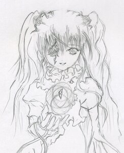 Rating: Safe Score: 0 Tags: 1girl dress flower frills greyscale hair_ornament image kirakishou long_hair long_sleeves looking_at_viewer monochrome rose smile solo traditional_media twintails User: admin