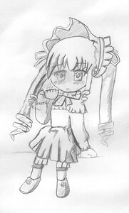 Rating: Safe Score: 0 Tags: 1girl blush bowtie dress drill_hair full_body greyscale image long_hair long_sleeves looking_at_viewer monochrome shinku shoes sitting solo traditional_media twin_drills twintails User: admin