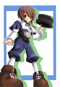Rating: Safe Score: 0 Tags: 1girl boots brown_footwear brown_hair green_eyes hat hat_removed headwear_removed holding_clothes holding_hat image long_sleeves pantyhose solo souseiseki standing top_hat white_legwear User: admin