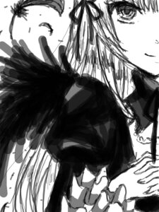 Rating: Safe Score: 0 Tags: 1girl bird black_feathers closed_mouth feathered_wings feathers greyscale hair_ribbon image jewelry looking_at_viewer monochrome ribbon simple_background smile solo suigintou upper_body white_background wings User: admin