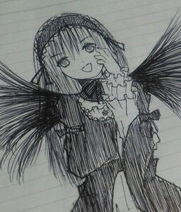 Rating: Safe Score: 0 Tags: 1girl :d black_wings dress feathered_wings frills hairband image lolita_hairband long_hair long_sleeves looking_at_viewer monochrome open_mouth simple_background smile solo suigintou traditional_media very_long_hair wings User: admin