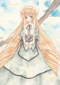 Rating: Safe Score: 0 Tags: 1girl blonde_hair dress frills green_dress heterochromia image long_hair long_sleeves looking_at_viewer red_eyes ribbon smile solo standing suiseiseki very_long_hair User: admin