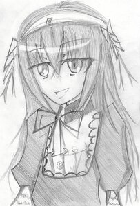 Rating: Safe Score: 0 Tags: 1girl akemi_homura greyscale hairband image long_hair looking_at_viewer monochrome simple_background smile solo suigintou traditional_media white_background User: admin