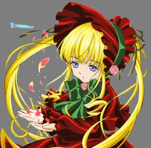 Rating: Safe Score: 0 Tags: 1girl blonde_hair blue_eyes bonnet bow bowtie dress flower green_background green_bow image long_hair long_sleeves looking_at_viewer pink_flower pink_rose red_dress rose shinku solo twintails upper_body User: admin