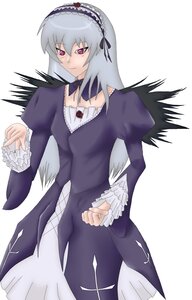 Rating: Safe Score: 0 Tags: 1girl collarbone cowboy_shot detached_collar dress frilled_sleeves frills hairband image juliet_sleeves long_hair long_sleeves looking_at_viewer pink_eyes puffy_sleeves silver_hair simple_background solo suigintou white_background wings User: admin