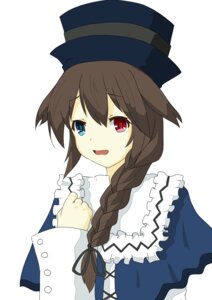 Rating: Safe Score: 0 Tags: 1girl blue_eyes braid brown_hair frills hand_on_own_chest hat heterochromia image long_hair long_sleeves open_mouth red_eyes ribbon simple_background solo souseiseki striped white_background User: admin