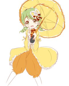 Rating: Safe Score: 0 Tags: 1girl dress drill_hair flower green_eyes green_hair hair_flower hair_ornament holding holding_umbrella image kanaria long_sleeves looking_at_viewer open_mouth parasol red_umbrella simple_background smile solo twin_drills umbrella white_background wide_sleeves User: admin