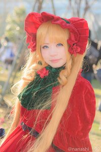 Rating: Safe Score: 0 Tags: 1girl artist_name bangs blonde_hair blue_eyes blurry blurry_background bonnet depth_of_field dress flower hair_flower lips long_hair looking_at_viewer photo red_dress shinku solo upper_body User: admin