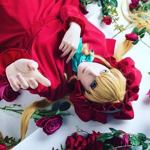 Rating: Safe Score: 0 Tags: 1girl blonde_hair blue_eyes dress drill_hair flower lips long_hair long_sleeves red_dress red_flower red_rose rose shinku solo thorns User: admin