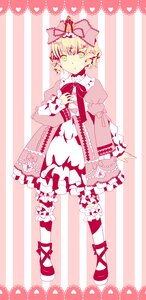 Rating: Safe Score: 0 Tags: 1girl blonde_hair bow dress frills green_eyes hat hinaichigo image lolita_fashion long_sleeves shoes short_hair solo striped striped_background striped_legwear vertical_stripes User: admin