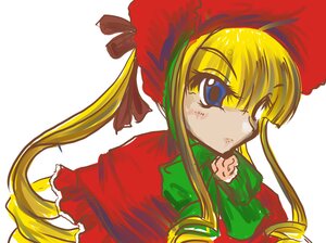 Rating: Safe Score: 0 Tags: 1girl bangs blonde_hair blue_eyes bonnet bow bowtie capelet closed_mouth dress drill_hair flower green_bow green_neckwear hat image long_hair looking_at_viewer red_capelet red_dress red_headwear rose shinku sidelocks simple_background solo twintails upper_body white_background User: admin