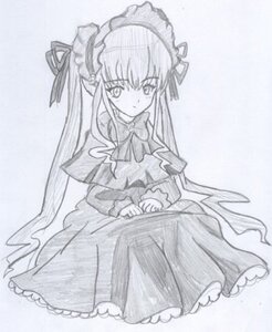 Rating: Safe Score: 0 Tags: 1girl bow bowtie dress frills image long_hair long_sleeves looking_at_viewer monochrome shinku sitting solo very_long_hair User: admin