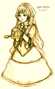 Rating: Safe Score: 0 Tags: 1girl apron bow bowtie dress image long_hair long_sleeves monochrome simple_background sketch solo suiseiseki swept_bangs User: admin