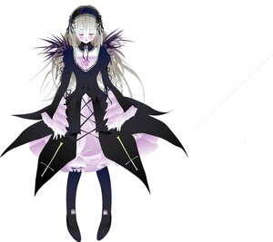 Rating: Safe Score: 0 Tags: 1girl black_wings closed_eyes cross-laced_clothes dress frills full_body hairband image long_hair long_sleeves ribbon rose solo standing suigintou white_background wings User: admin