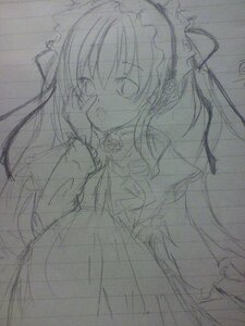 Rating: Safe Score: 0 Tags: 1girl :d dress frills image long_hair long_sleeves looking_at_viewer monochrome open_mouth shinku sketch smile solo traditional_media User: admin