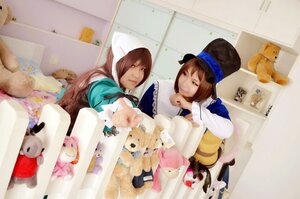 Rating: Safe Score: 0 Tags: blurry brown_hair depth_of_field hat hood indoors multiple_cosplay multiple_girls siblings stuffed_animal tagme teddy_bear User: admin