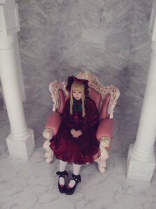 Rating: Safe Score: 0 Tags: 1girl blonde_hair blunt_bangs bonnet bow chair closed_eyes dress flower long_hair red_dress shinku shoes sitting solo User: admin